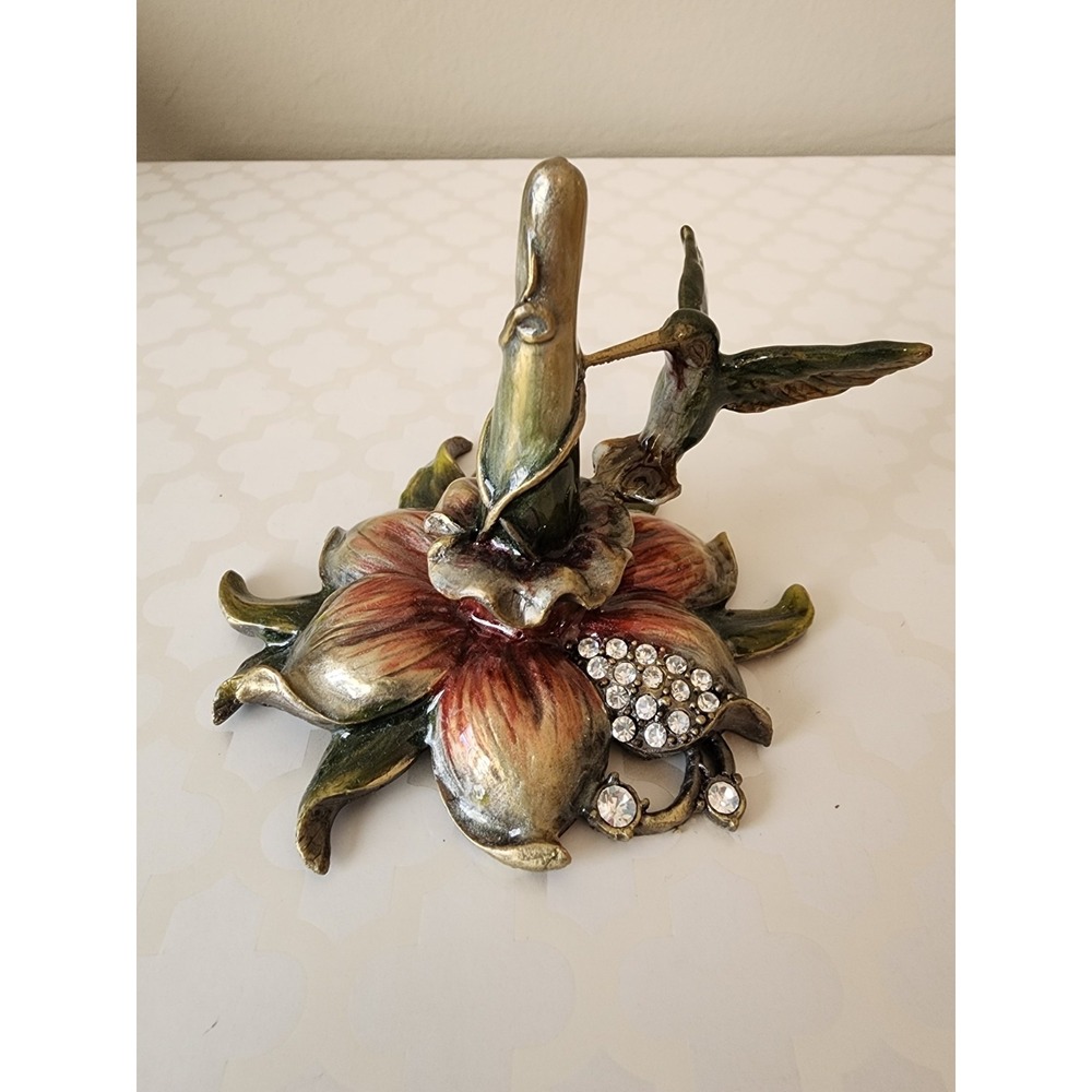 NIB Hummingbird Ring Holder Crystal Enamel Flowers Metal Jewelry Decor Vtg